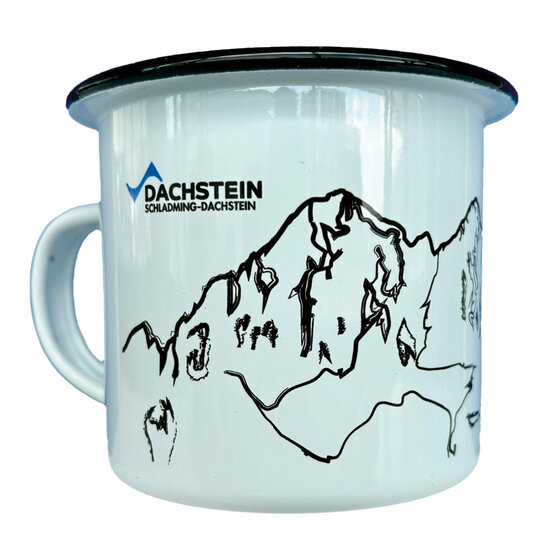Weiße Emailletasse mit schwarzem Linienmotiv des Dachstein-Massivs und Logo Schladming-Dachstein | © Planai-Hochwurzen-Bahnen Gesellschaft m.b.H.