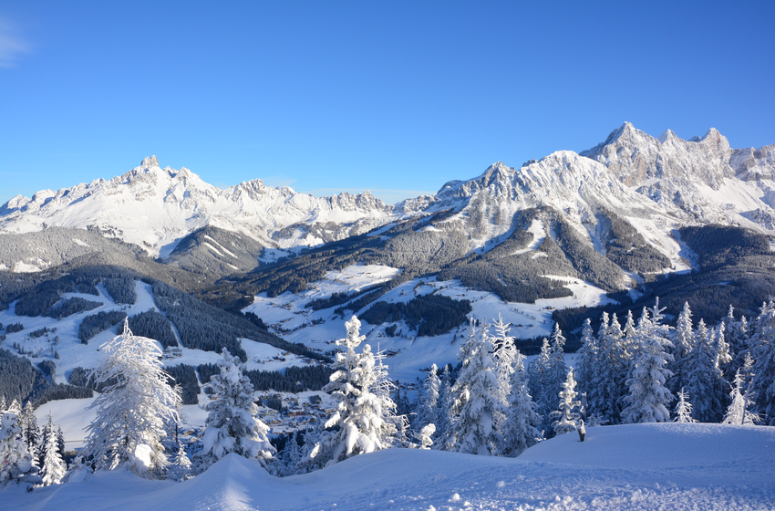 Panorama mit verschneiten Bergen, bewaldeten Hängen, Tälern und Bäumen im Vordergrund | © Bergbahnen Filzmoos GmbH