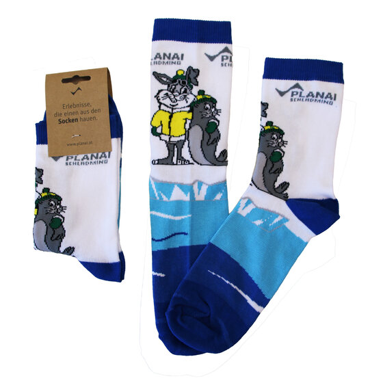 Drei weiße Kindersocken mit blauen Absätzen, Motiv von Hase in gelber Jacke und grauer Robbe mit grüner Mütze | © Planai-Hochwurzen-Bahnen GmbH