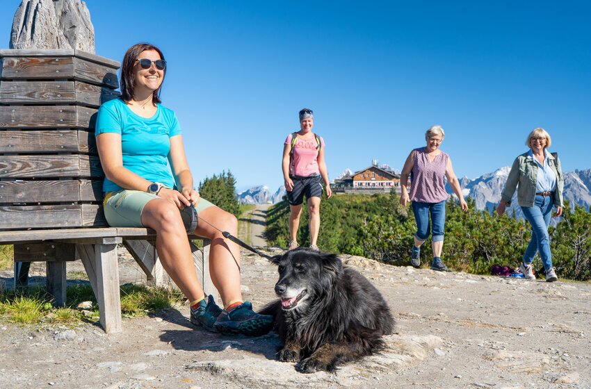 Woman with dog on wooden bench on Hochwurzen trail, three hikers, alpine hut and mountains in the background under sunshine | © Planai-Hochwurzen-Bahnen GmbH