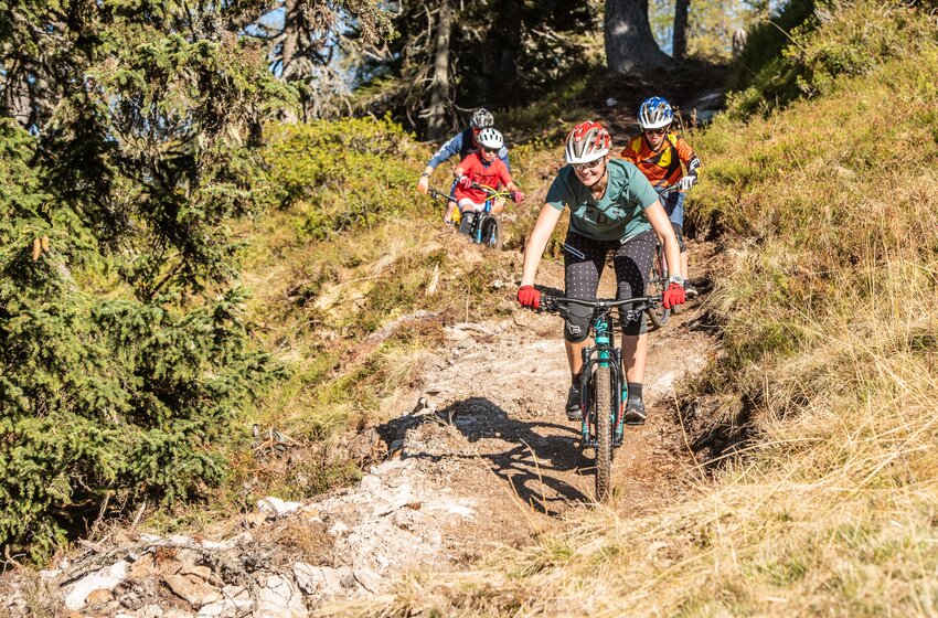 Group of adults and kids riding mountain bikes on narrow forest trail through sunny alpine terrain. | © Reiteralm Bergbahnen GmbH & Co.KG