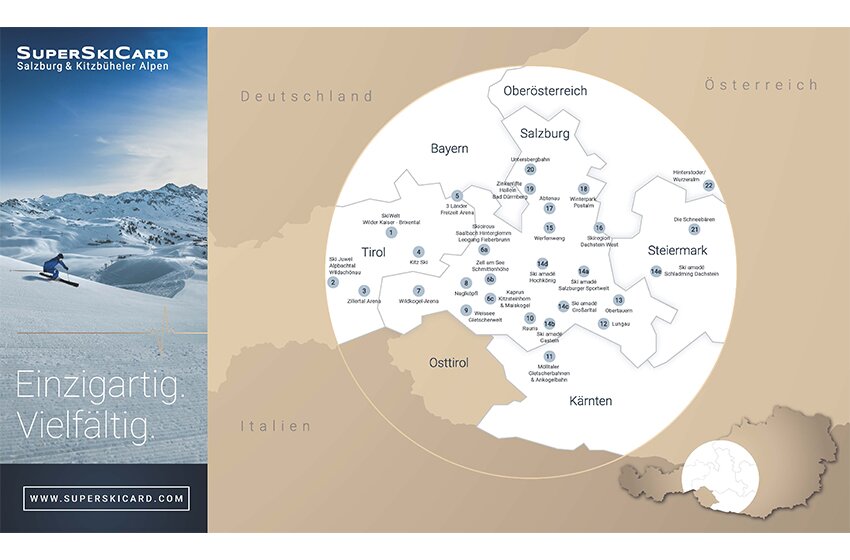 Karte der SuperSkiCard mit 21 Skigebieten in Salzburg, Tirol, Steiermark, Oberösterreich, Kärnten und Osttirol. | © Schmittenhöhebahn AG